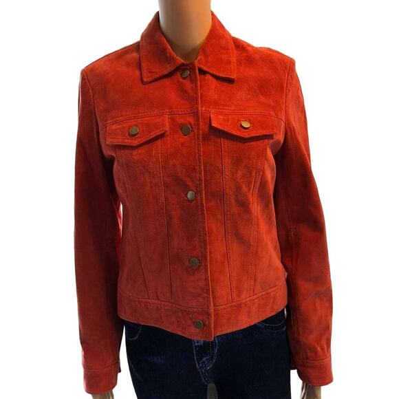 Y2K Clothes by Revue 100% leather women jacket Sz S Orange Button front pocket - Picture 1 of 3
